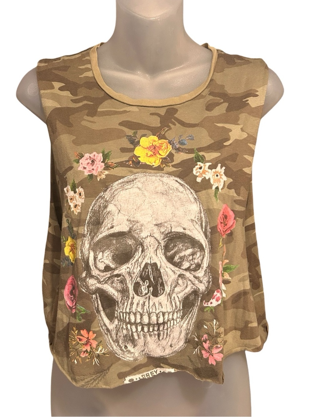 Obey Camo Skull Floral Sleeveless Crop Top Brown Women’s Size M Rocker biker